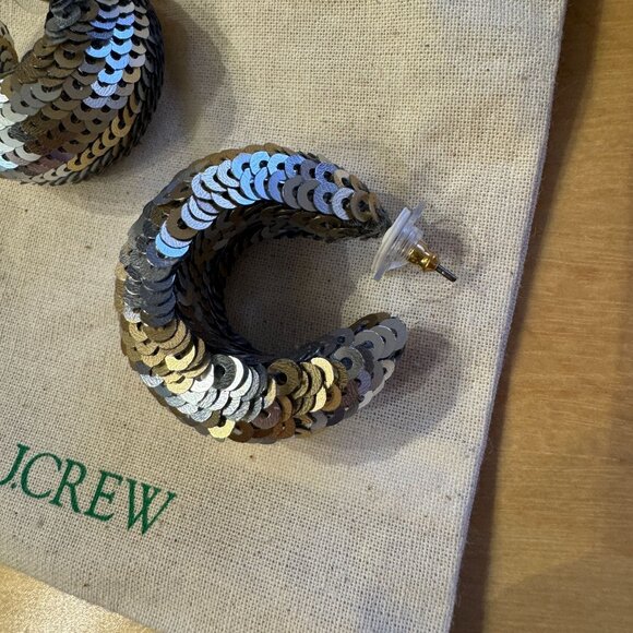 J. Crew Hypoallergenic Sequin Hoop Earrings in Gunmetal Multi New Without Tags! - Picture 4 of 4
